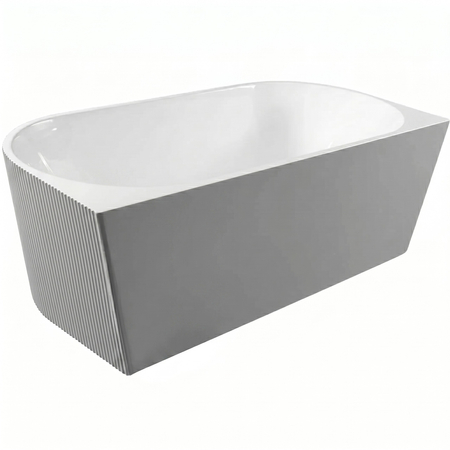 Baignoire à poser murale Balneo VIVA fluted 160 x 75 cm acrylique blanc/gris avec cadre en acier inoxydable et 6 pieds stabilisateurs, avec trop-plein et bouchon blanc