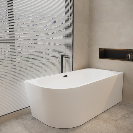 Baignoire îlot d'angle droite Balneo AVOLA 160 x 80 cm blanche, en acrylique, avec cadre en acier inoxydable et 6 pieds stabilisateurs, avec trop-plein et bonde Black