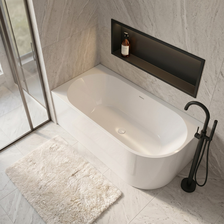 Baignoire à poser d’angle gauche Balneo AVOLA NO RIM 150 x 75 cm acrylique blanc avec cadre en acier inoxydable et 6 pieds stabilisateurs, avec trop-plein et bouchon blanc