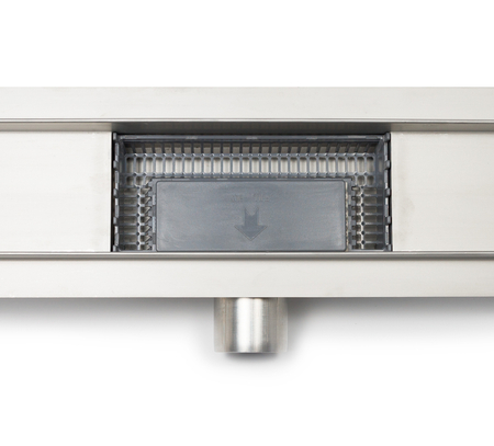 Caniveau de douche au sol Balneo Decor Next Drops 80 cm avec panneau décoratif en acier inoxydable brossé, siphon bas et bac de récupération profond