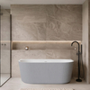 Baignoire à poser murale Balneo VIVA fluted 160 x 75 cm acrylique blanc/gris avec cadre en acier inoxydable et 6 pieds stabilisateurs, avec trop-plein et bouchon blanc