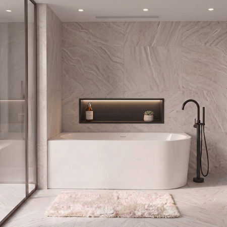 Baignoire à poser d’angle gauche Balneo AVOLA NO RIM 150 x 75 cm acrylique blanc avec cadre en acier inoxydable et 6 pieds stabilisateurs, avec trop-plein et bouchon blanc