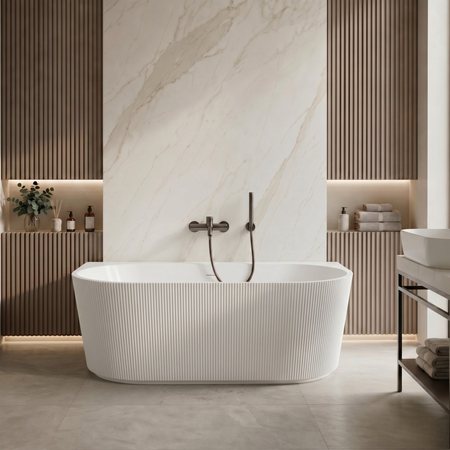 Baignoire à poser murale Balneo VIVA fluted NO RIM 170 x 80 cm acrylique blanc avec cadre en acier inoxydable et 6 pieds stabilisateurs, avec trop-plein et bouchon blanc