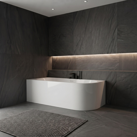 Baignoire à poser d’angle gauche Balneo AVOLA PLUS NO RIM 160 x 75 cm acrylique blanc avec cadre en acier inoxydable et 6 pieds stabilisateurs, avec trop-plein et bouchon blanc