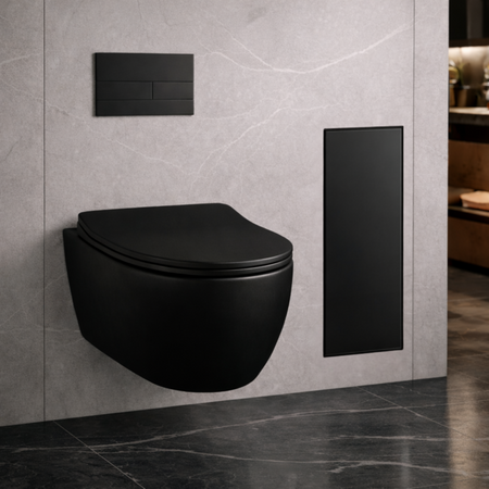 Range-brosse WC Balneo Wall Box Brush L Black Glass droit à encastrer dans le mur en acier inoxydable