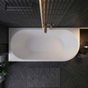 Baignoire à poser d’angle gauche Balneo AVOLA NO RIM 150 x 75 cm acrylique blanc avec cadre en acier inoxydable et 6 pieds stabilisateurs, avec trop-plein et bouchon blanc
