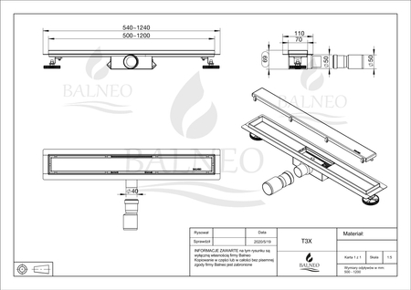 Caniveau de douche au sol Balneo Decor Next Drops 70 cm avec panneau décoratif en acier inoxydable brossé, siphon bas et bac de récupération profond