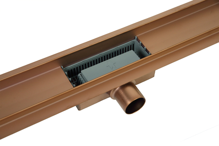 Caniveau de douche au sol Balneo Duplex Next Copper 60 cm cuivré bidirectionnel en acier inoxydable brossé, siphon bas et bac de récupération profond