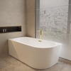 Baignoire îlot d'angle gauche Balneo AVOLA 170 x 80 cm blanche, en acrylique, avec cadre en acier inoxydable et 6 pieds stabilisateurs, avec trop-plein et bonde Mirror Gold