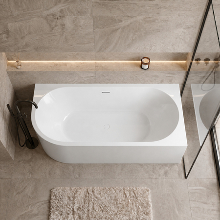 Baignoire à poser d’angle droite Balneo AVOLA NO RIM 150 x 75 cm acrylique blanc avec cadre en acier inoxydable et 6 pieds stabilisateurs, avec trop-plein et bouchon blanc