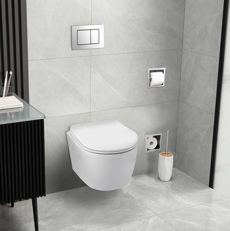 Cuvette WC suspendue Balneo Luxa rimless blanche sans bride avec abattant à fermeture libre en duroplast