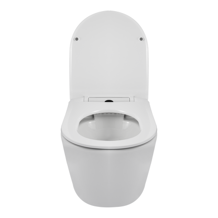 Cuvette WC suspendue Balneo Luxa rimless blanche sans bride avec abattant à fermeture libre en duroplast