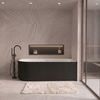 Baignoire à poser d’angle droite Balneo AVOLA fluted NO RIM 150 x 75 cm acrylique blanc/noir avec cadre en acier inoxydable et 6 pieds stabilisateurs, avec trop-plein et bouchon blanc