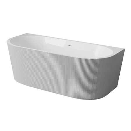 Baignoire à poser murale Balneo VIVA fluted 160 x 75 cm acrylique blanc/gris avec cadre en acier inoxydable et 6 pieds stabilisateurs, avec trop-plein et bouchon blanc