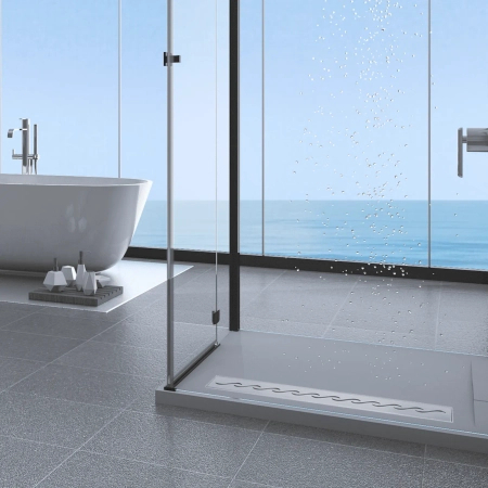 Caniveau de douche au sol Balneo Decor Next Wave 80 cm avec panneau décoratif en acier inoxydable brossé, siphon bas et bac de récupération profond