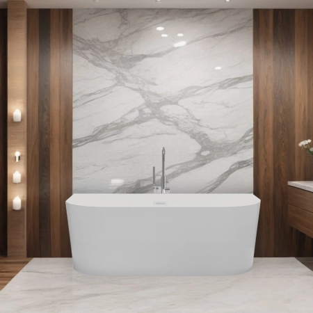 Baignoire îlot murale Balneo VIVA 170 x 80 cm blanche, en acrylique, avec cadre en acier inoxydable et 6 pieds stabilisateurs, avec trop-plein et bonde Chrome