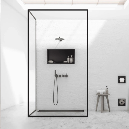 Caniveau de douche au sol Balneo Duplex Next Black 110 cm noir bidirectionnel en acier inoxydable brossé, siphon bas et bac de récupération profond