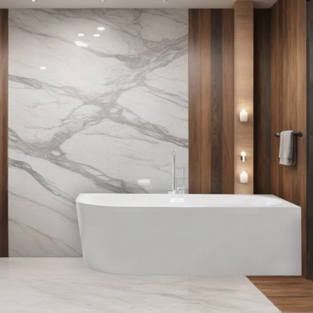 Baignoire îlot d'angle droite Balneo AVOLA 160 x 80 cm blanche, en acrylique, avec cadre en acier inoxydable et 6 pieds stabilisateurs, avec trop-plein et bonde Chrome