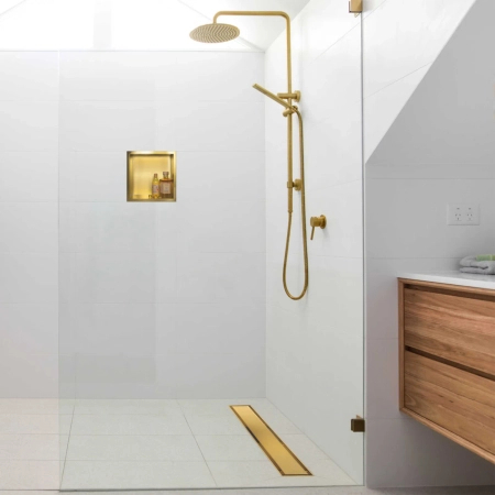 Caniveau de douche au sol Balneo Duplex Next Gold 60 cm doré bidirectionnel en acier inoxydable brossé, siphon bas et bac de récupération profond