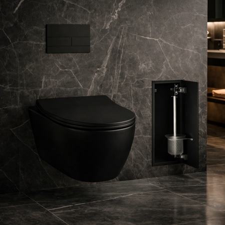Compartiment brosse WC encastré Balneo Wall Box Brush S Black Glass droite en acier inoxydable