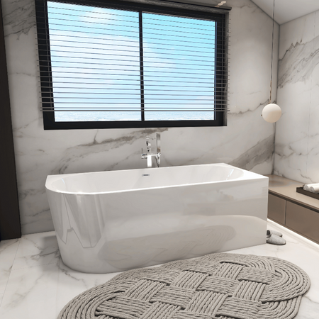 Baignoire îlot d'angle droite Balneo AVOLA 160 x 80 cm blanche, en acrylique, avec cadre en acier inoxydable et 6 pieds stabilisateurs, avec trop-plein et bonde Chrome