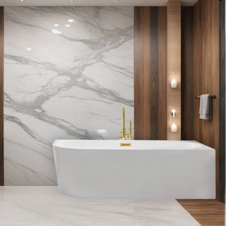 Baignoire îlot d'angle droite Balneo AVOLA 170 x 80 cm blanche, en acrylique, avec cadre en acier inoxydable et 6 pieds stabilisateurs, avec trop-plein et bonde Gold
