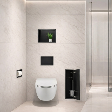 Range-brosse WC Balneo Wall Box Brush L Black Glass droit à encastrer dans le mur en acier inoxydable