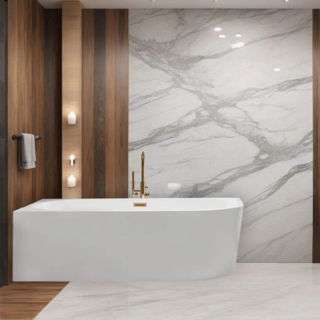 Baignoire îlot d'angle gauche Balneo AVOLA 170 x 80 cm blanche, en acrylique, avec cadre en acier inoxydable et 6 pieds stabilisateurs, avec trop-plein et bonde Copper
