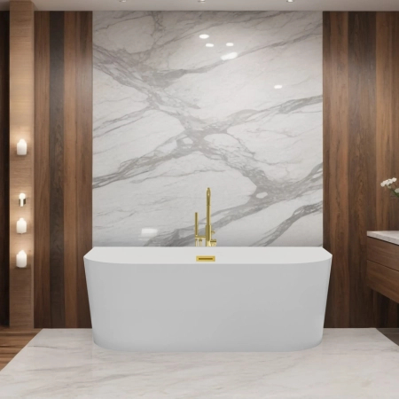 Baignoire îlot murale Balneo VIVA 160 x 75 cm blanche, en acrylique, avec cadre en acier inoxydable et 6 pieds stabilisateurs, avec trop-plein et bonde Mirror Gold