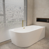 Baignoire îlot d'angle droite Balneo AVOLA 150 x 75 cm blanche, en acrylique, avec cadre en acier inoxydable et 6 pieds stabilisateurs, avec trop-plein et bonde Gold