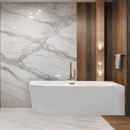 Baignoire îlot d'angle droite Balneo AVOLA 170 x 80 cm blanche, en acrylique, avec cadre en acier inoxydable et 6 pieds stabilisateurs, avec trop-plein et bonde Copper
