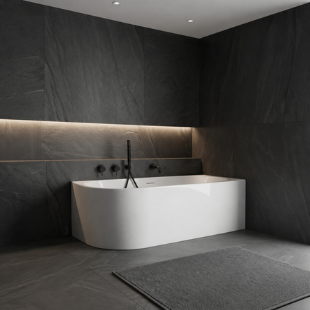 Baignoire à poser d’angle droite Balneo AVOLA NO RIM 150 x 75 cm acrylique blanc avec cadre en acier inoxydable et 6 pieds stabilisateurs, avec trop-plein et bouchon blanc