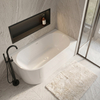 Baignoire à poser d’angle droite Balneo AVOLA NO RIM 150 x 75 cm acrylique blanc avec cadre en acier inoxydable et 6 pieds stabilisateurs, avec trop-plein et bouchon blanc