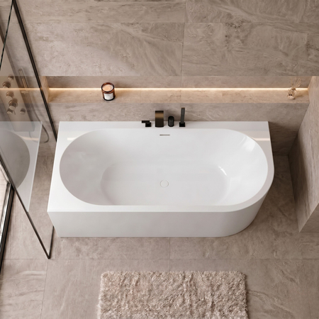 Baignoire à poser d’angle gauche Balneo AVOLA PLUS NO RIM 160 x 75 cm acrylique blanc avec cadre en acier inoxydable et 6 pieds stabilisateurs, avec trop-plein et bouchon blanc