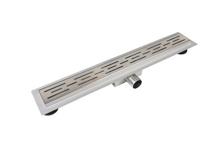 Caniveau de douche au sol Balneo Decor Next Stripes 100 cm avec panneau décoratif en acier inoxydable brossé, siphon bas et bac de récupération profond