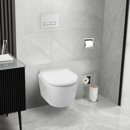 Ensemble WC balnéo encastré, cadre Fix-Frame Standard avec cuvette Luxa blanche et un bouton au choix