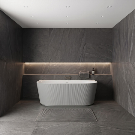 Baignoire à poser murale Balneo VIVA fluted 160 x 75 cm acrylique blanc/gris avec cadre en acier inoxydable et 6 pieds stabilisateurs, avec trop-plein et bouchon blanc