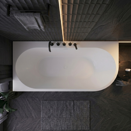 Baignoire à poser d’angle gauche Balneo AVOLA PLUS NO RIM 160 x 75 cm acrylique blanc avec cadre en acier inoxydable et 6 pieds stabilisateurs, avec trop-plein et bouchon blanc