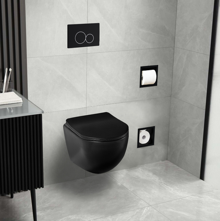Cuvette WC suspendue Balneo Luna rimless noire sans bride avec abattant à fermeture libre en duroplast