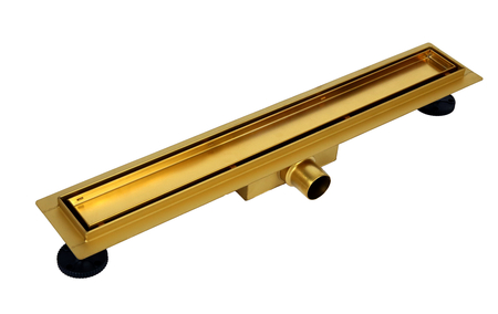 Caniveau de douche au sol Balneo Duplex Next Gold 60 cm doré bidirectionnel en acier inoxydable brossé, siphon bas et bac de récupération profond