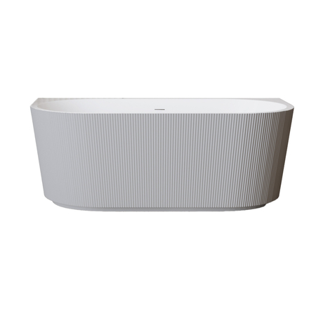 Baignoire à poser murale Balneo VIVA fluted 150 x 75 cm acrylique blanc/gris avec cadre en acier inoxydable et 6 pieds stabilisateurs, avec trop-plein et bouchon blanc