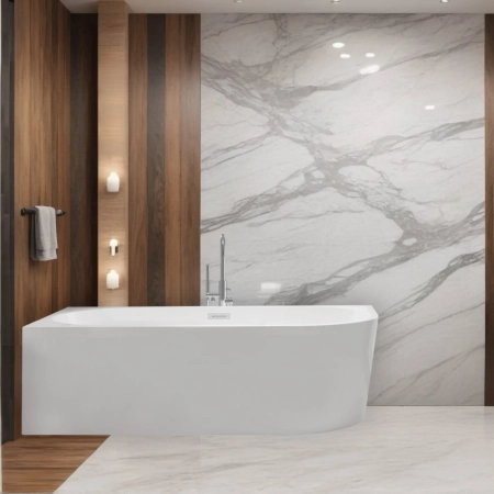 Baignoire îlot d'angle gauche Balneo AVOLA 170 x 80 cm blanche, en acrylique, avec cadre en acier inoxydable et 6 pieds stabilisateurs, avec trop-plein et bonde Chrome