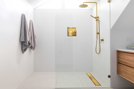 Caniveau de douche au sol Balneo Duplex Next Gold 100 cm doré bidirectionnel en acier inoxydable brossé, siphon bas et bac de récupération profond