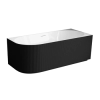 Baignoire à poser d’angle droite Balneo AVOLA fluted NO RIM 150 x 75 cm acrylique blanc/noir avec cadre en acier inoxydable et 6 pieds stabilisateurs, avec trop-plein et bouchon blanc